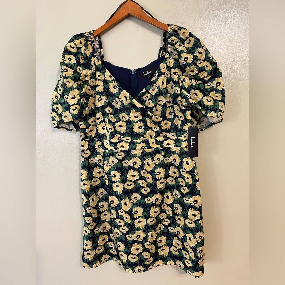 Lulu's Floral Puff Sleeve Mini Dress Black and Yellow Floral Boho Size XL NWT